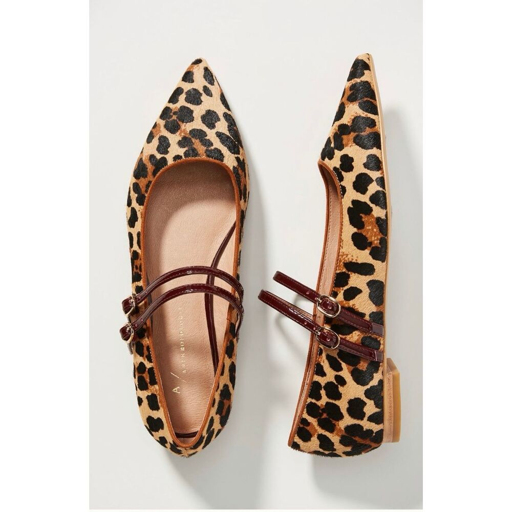 Anthropologie Leopard Print Pointed Mary Jane Flats - Tan, Black, Brown - Picture 2 of 12